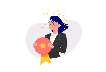 Employee of the Month vector illustration. Elegant businesswoman holding award. Congratulation for the best worker.