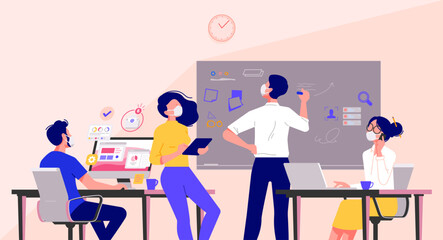 Business people wearing mask in the office. Minimal co-working space. Group of working office employees. Startup vector illustration. Team project, brainstorm, teamwork process during quarantine