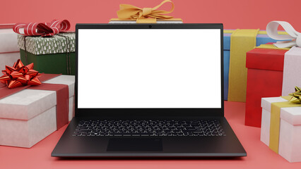 3D laptop between gift boxes and empty display for advertising, commercials, call to action, screenreplacement etc.