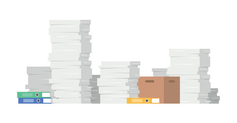 A pile of paper documents and work. Green, blue and yellow office file organiser. Brown carton paper box containing documents. Bureaucracy, and paperwork in office. Vector illustration in flat style