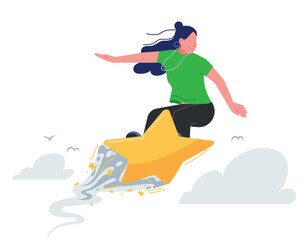 Young woman surfing the sky on a star-shaped surfboard. Riding on a star vector illustration. Successful businesswoman flying in the clouds.