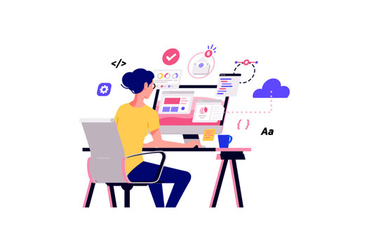 Working at home vector flat style illustration. Online career. Coworking space illustration. Young woman freelancers working on laptop or computer at home. Developer at home in quarantine.