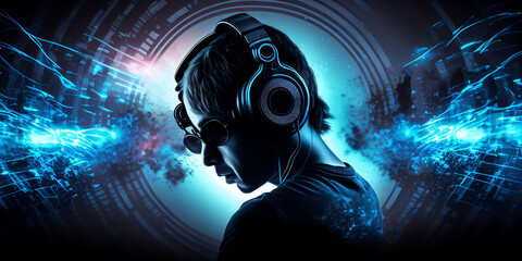 Dj with blue neon lights in nightclub party, horizontal banner illustration. Generative AI