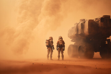 Obraz na płótnie Canvas Mars rover and two astronauts. Stormy weather. Generative AI.