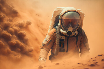 Mars astronaut walking in sandstorm. Generative AI.