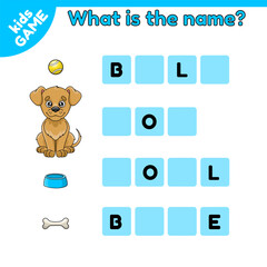 Educational game for kids. Write the missing letters. English spelling training. Education task for children. Worksheet for preschool and school. Cartoon dog and pet accessories. Vector illustration.