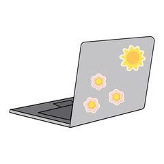 Isometric image of a laptop with bright stickers on the cover of the sun and flower. Sticker. Icon