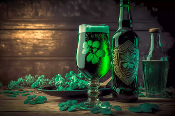 Holiday Patrick's Day. green color drink bottle on wooden table top. Shamrock. Generative AI