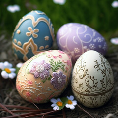 Colorful Easter eggs with decorative patterns, sharp patterns, decoration for Easter, handmade.