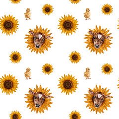 Seamless hand drawn pattern with a calf in a sunflower and a chicken. Flower background for textiles, fabrics, banner, wrapping paper and other designs. Digital illustration on white background