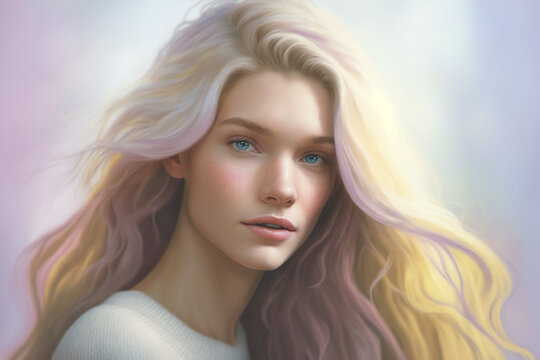 Young dreamy woman in pastel color shades, fictitious person. AI generated image