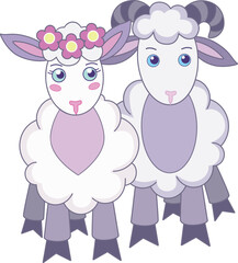 Sheep and ram, couple of cute sheep - vector full color picture. Lambs baby picture. Sheep and ram in soft pastel colors