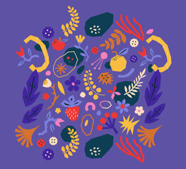 Fototapeta na wymiar Isolated flat vector flowers. Organic, colorful and natural pattern. Floral elements. Decorative illustration. Set of plants, twigs, leaves, herbs and berries. Floral branch collection. Spring motif.