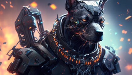 Pitbull mercenary cyborg digital art illustration, Generative AI