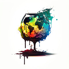 Glass of wine with the world map inside, on a white background, Generative AI