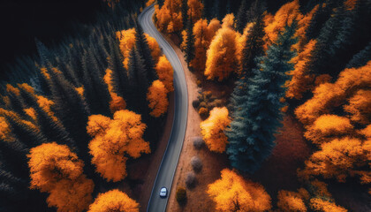Aerial view of road in colorful forest at sunset in autumn. Top view from drone of mountain road in woods. Generative AI