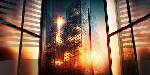  modern building facade architecture and shadow at sunset sun beam reflection on windows glasses urban lifestyle,generated ai