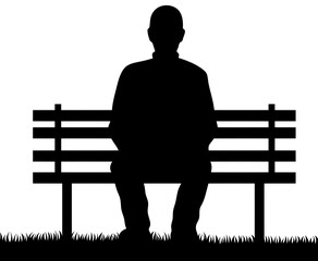 Silhouette of a lonely man sits on a bench clipart. Waiting man. An elderly man relaxing in retirement sitting on a bench in the park, spending time alone.