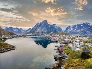 Aerial drone photography of Reine in Lofoten, Norway, during a cloudy spring day © MarioMonte