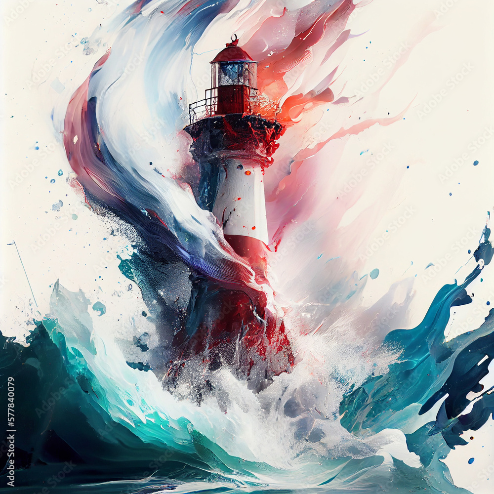 Aufkleber lighthouse with multicolored paints splash. ai generative.