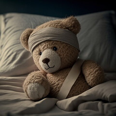Teddy bear with bandage laying in bed. Generative AI.