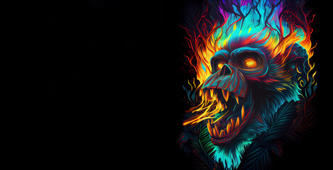 Monkey skull in fire. AI generative.