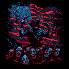 Sinister zombie over American flag. Rock concert. AI generative.