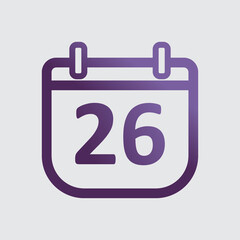 purple color minimalist calendar icon. Day 26 calendar symbol. outline calendar with gradient. simple design. Isolated vector item. notification, memo, organization, time management. day twenty six