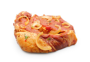 Raw pork loin steak marinated with onion, parsley and spices for bbq grill isolated on white background