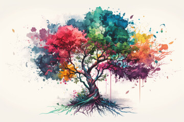 Fototapeta na wymiar abstract creative illustration of a colorful tree on white background. watercolor. Generative AI