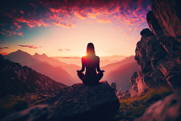 a happy young woman is doing yoga on a rock at a sunset. Generative AI