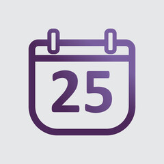 purple color minimalist calendar icon. Day 25 calendar symbol. outline calendar with gradient. simple design. Isolated vector item. notification, memo, organization, time management. day twenty five