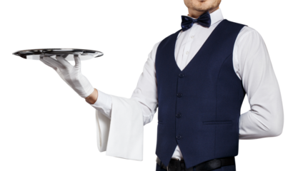 Gallant waiter holding a silver tray, cut out