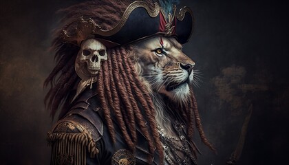 Naklejka premium Lion dressed as a pirate, pirate lion. Animals with professions. Lion with professions. Generated by AI. 