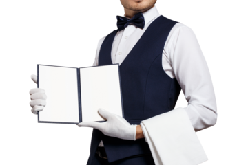 Waiter holding a blank restaurant menu, cut out