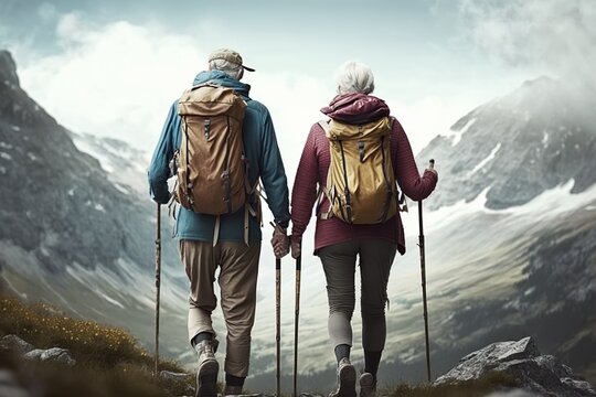 elderly couple of hiker hikers in beautiful mountain landscape, concept of Adventure and Nature, created with Generative AI technology