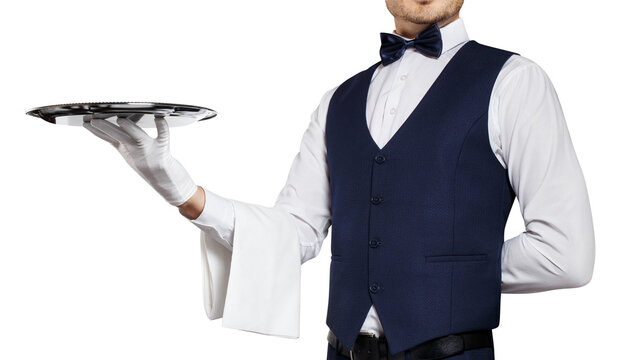 Gallant waiter holding a silver tray, cut out