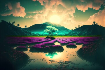 Sunset of Japanese Mountain Landscape and Rice Field - Abstract Purple Turquoise Neon Colour Artwork - Generative Ai Illustration 