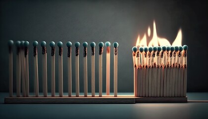 Chain reaction effect on matches bursting into flames created with generative ai technology