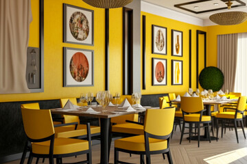 3d modern cafe interion yellow and black colors, super photo realistic background, generative ai