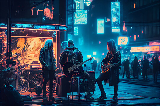 Music band having concert on the street in evening with neon lights. Futuristic cyberpunk musicians. rock band in black clothing playing music on street. High quality illustration.