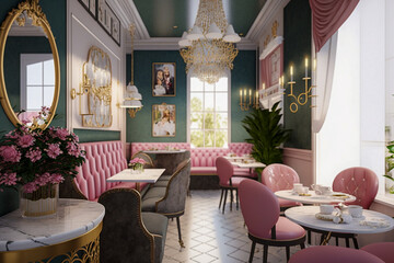 Modern classic interior design of the restaurant, birthday background, super photo realistic background, generative ai