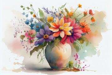 A vase filled with brightly colored flowers, watercolour style generative AI