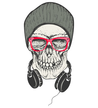 Hipster skull in hat and sunglases. Skull with headphones. Design element for t-shirt print. Vector illustration.