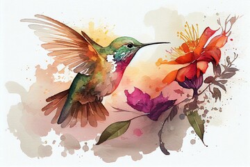 Generative AI, A hummingbird hovering over a flower, watercolour style 