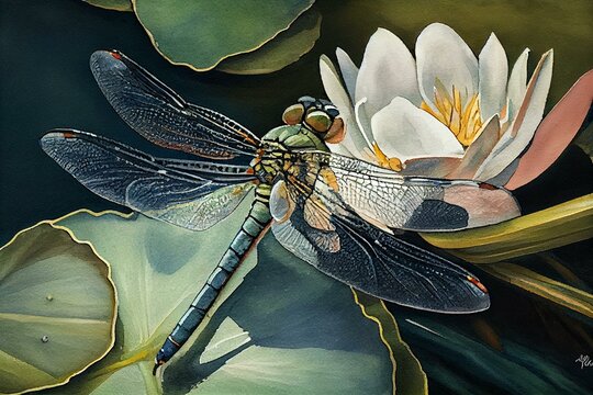 A dragonfly on a lily pad, watercolour style generative AI