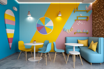 Modern interior childrens cafe, super photo realistic background, generative ai