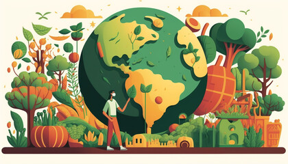 Ecology agriculture and green sustainable harvesting tiny person concept. Environmental gardening and food farming around globe with responsible care vector illustration. Nature care process scene.