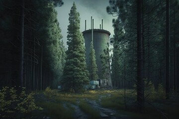 Fototapeta premium Forest near nuclear power plant, concept of Danger and Pollution, created with Generative AI technology