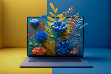 3d laptop with abstract botanical elements, generative ai